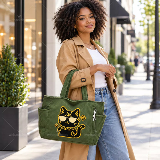 Cool Black Cat Embroidered Green Corduroy Tote Bag
