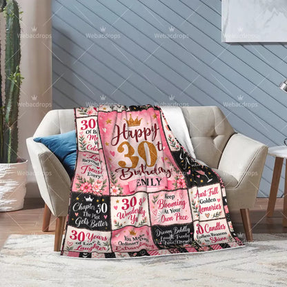 Pink personalized 30th birthday blanket displayed on an armchair, a sentimental birthday gift for women