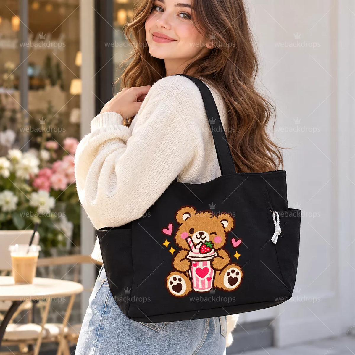 Cute Teddy Bear Strawberry Milkshake Embroidered Corduroy Tote Bag