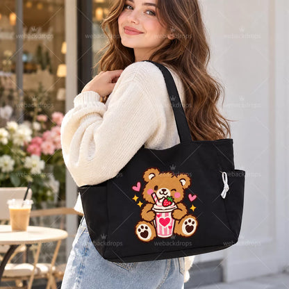 Cute Teddy Bear Strawberry Milkshake Embroidered Corduroy Tote Bag