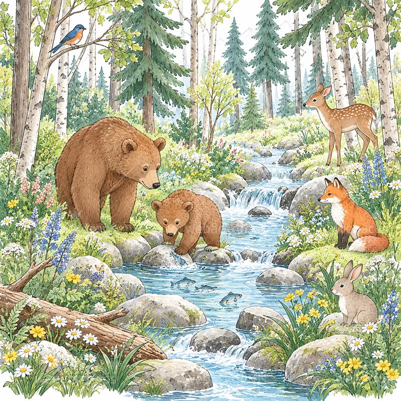 Summer Bear Creek Woodland Shower Curtain with Metal Roller Ball Hooks, 72 x 72 in