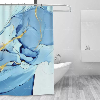 Blue and Gold Marble Shower Curtain with Metal Roller Ball Hooks, 72 x 72 Inch