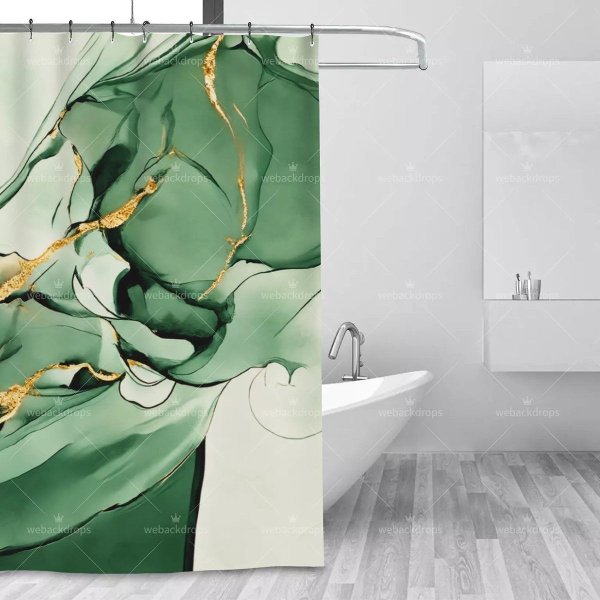Emerald Green and Gold Marble Shower Curtain with Metal Roller Ball Hooks, 72 x 72 Inch