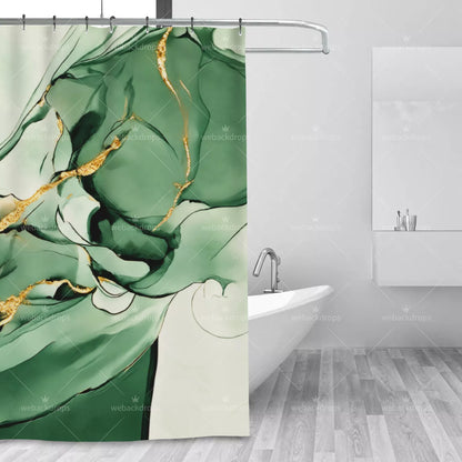Emerald Green and Gold Marble Shower Curtain with Metal Roller Ball Hooks, 72 x 72 Inch