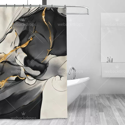 Black and Gold Marble Shower Curtain with Metal Roller Ball Hooks, 72 x 72 Inch