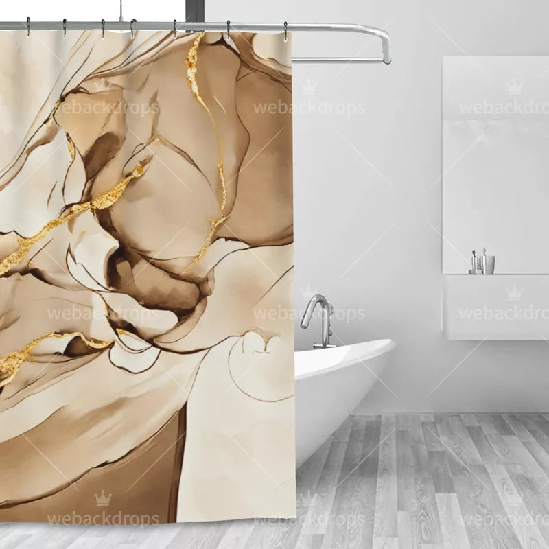 Champagne Beige and Gold Marble Shower Curtain with Metal Roller Ball Hooks, 72 x 72 Inch