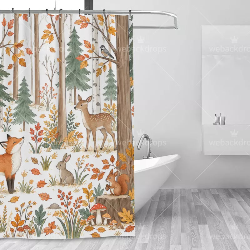 Autumn Fox Woodland Animals Shower Curtain with Metal Roller Ball Hooks, 72 x 72 Inch