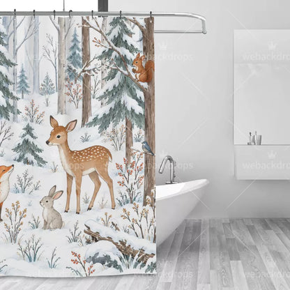Snowy Deer Woodland Shower Curtain with Metal Roller Ball Hooks, 72 x 72 in