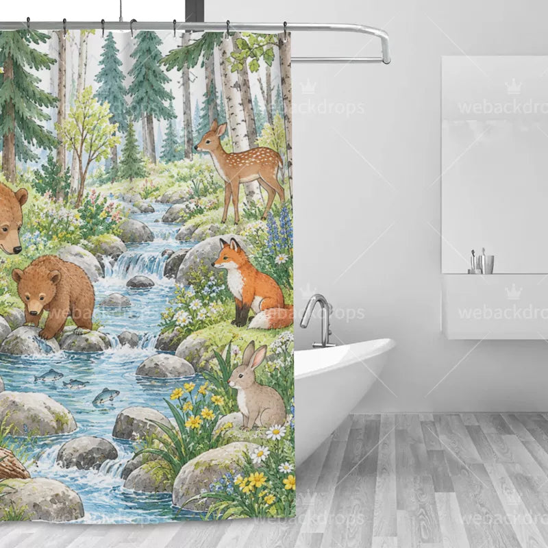 Summer Bear Creek Woodland Shower Curtain with Metal Roller Ball Hooks, 72 x 72 in