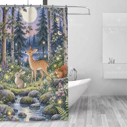 Twilight Owl Woodland Shower Curtain with Metal Roller Ball Hooks, 72 x 72 in