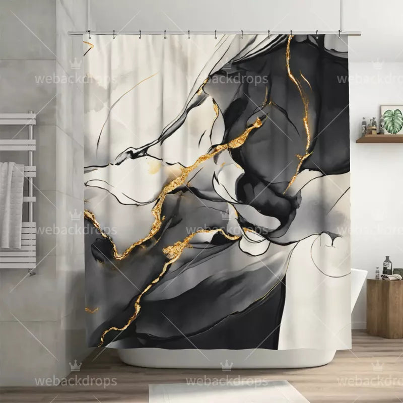 Black and Gold Marble Shower Curtain with Metal Roller Ball Hooks, 72 x 72 Inch