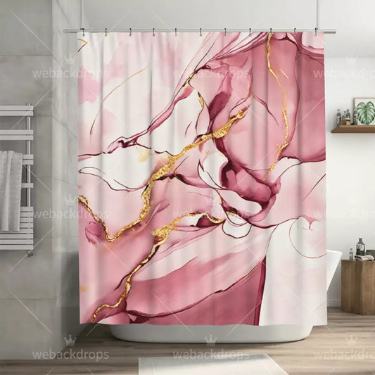 Blush Pink and Gold Marble Shower Curtain with Metal Roller Ball Hooks, 72 x 72 Inch