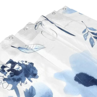 Indigo Blue Watercolor Floral Shower Curtain with Metal Roller Ball Hooks, 72 x 72 Inch