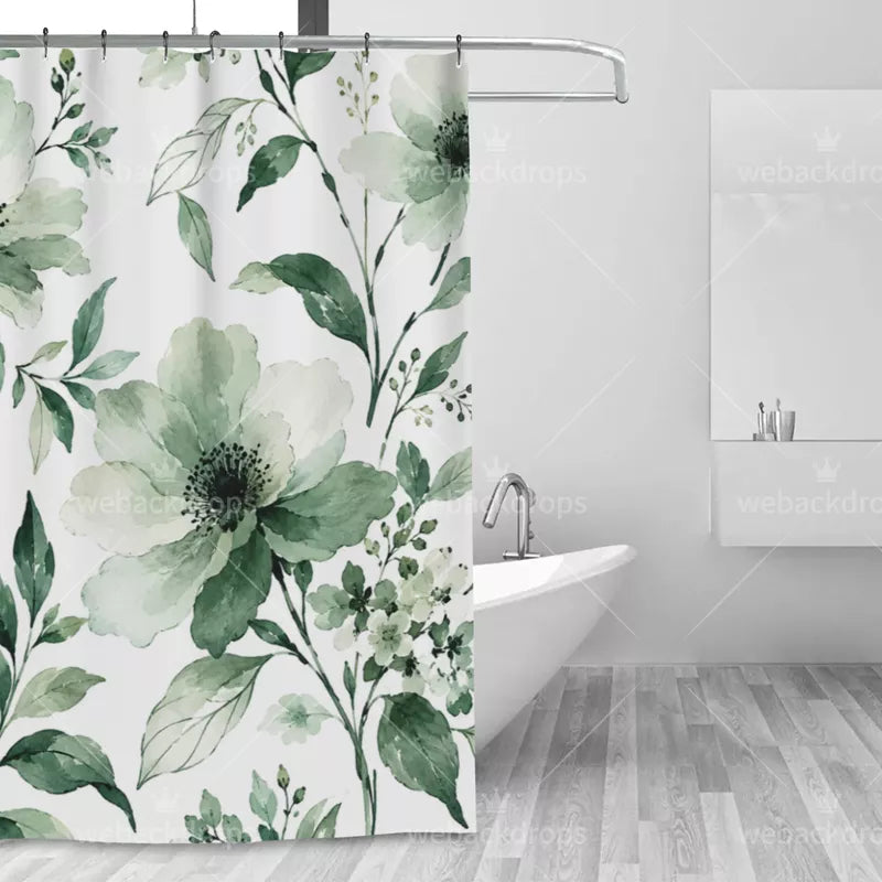 Sage Green Watercolor Floral Shower Curtain with Metal Roller Ball Hooks, 72 x 72 Inch