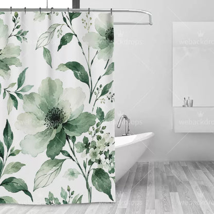 Sage Green Watercolor Floral Shower Curtain with Metal Roller Ball Hooks, 72 x 72 Inch