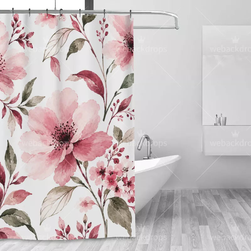 Dusty Rose Watercolor Floral Shower Curtain with Metal Roller Ball Hooks, 72 x 72 Inch