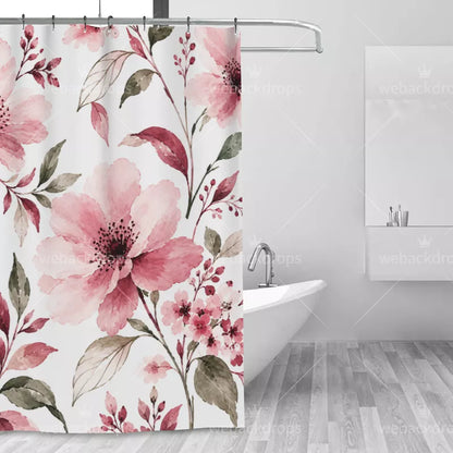 Dusty Rose Watercolor Floral Shower Curtain with Metal Roller Ball Hooks, 72 x 72 Inch