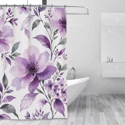 Lavender Purple Watercolor Floral Shower Curtain with Metal Roller Ball Hooks, 72 x 72 Inch