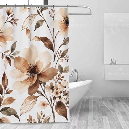 Warm Sepia Watercolor Floral Shower Curtain with Metal Roller Ball Hooks, 72 x 72 Inch