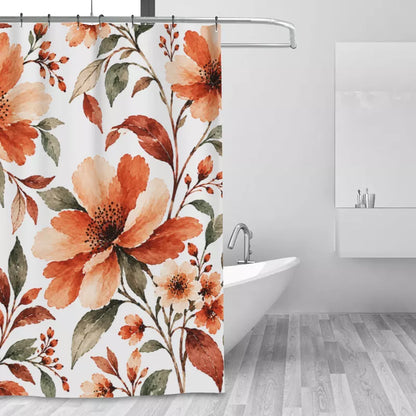 Terracotta Watercolor Floral Shower Curtain with Metal Roller Ball Hooks, 72 x 72 Inch