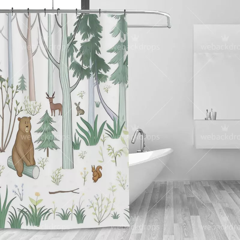 Woodland Friends Forest Animals Shower Curtain with Metal Roller Ball Hooks, 72 x 72 Inch