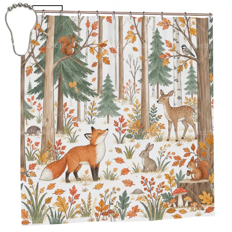 Autumn Fox Woodland Animals Shower Curtain with Metal Roller Ball Hooks, 72 x 72 Inch