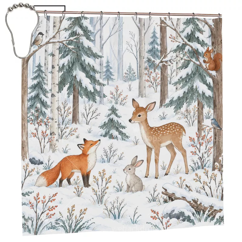 Snowy Deer Woodland Shower Curtain with Metal Roller Ball Hooks, 72 x 72 in