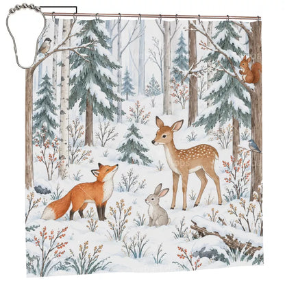 Snowy Deer Woodland Shower Curtain with Metal Roller Ball Hooks, 72 x 72 in