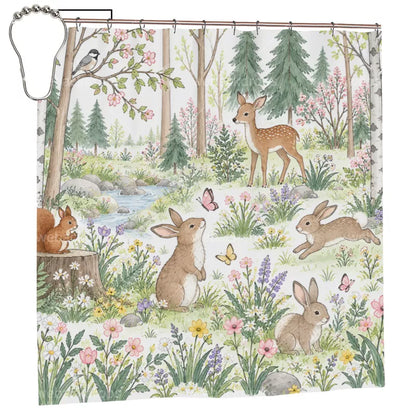 Spring Bunny Meadow Woodland Shower Curtain with Metal Roller Ball Hooks, 72 x 72 in