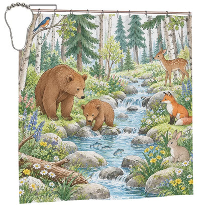 Summer Bear Creek Woodland Shower Curtain with Metal Roller Ball Hooks, 72 x 72 in