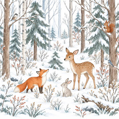 Snowy Deer Woodland Shower Curtain with Metal Roller Ball Hooks, 72 x 72 in