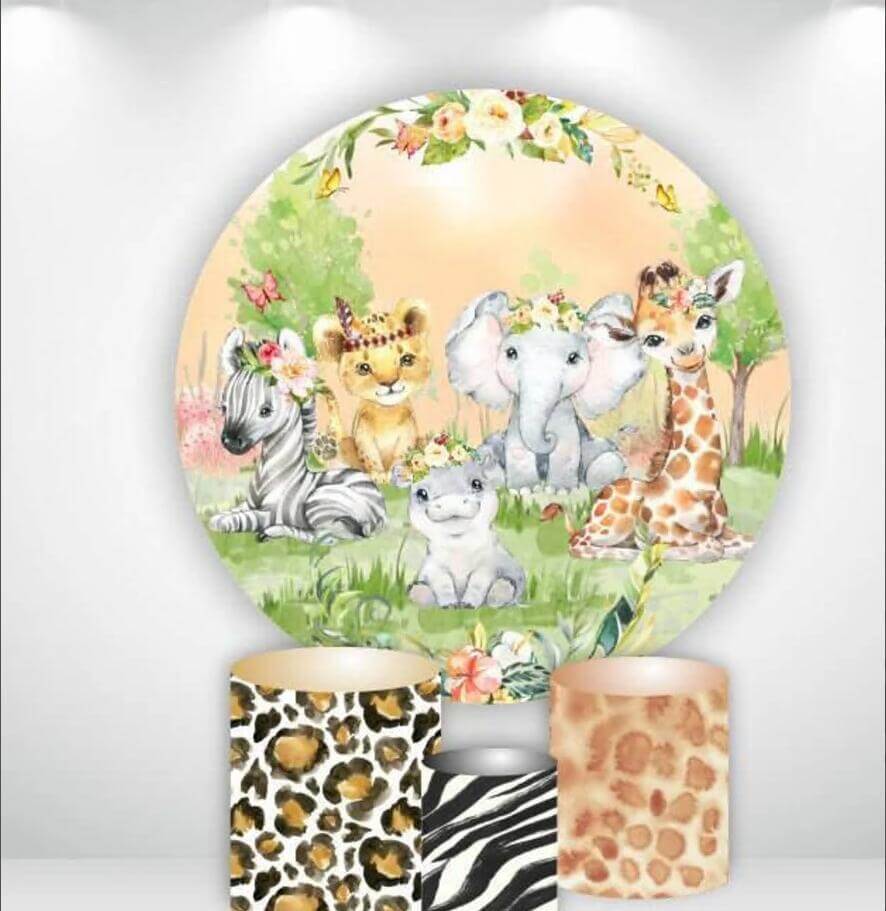 Vahşi Hayvanlar Bebek Duş Çocuk Doğum Günü Yuvarlak Zemin Silindir Kapakları Parti