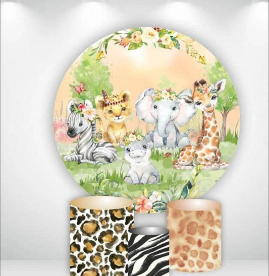 Wild Animals Baby Shower Kids Birthday Round Backdrop Cylinder Covers Party
