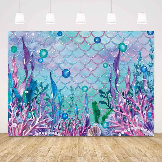 Under Sea Baby Shower Backdrop Seaweed Glitter Scales Mermaid Photography Background