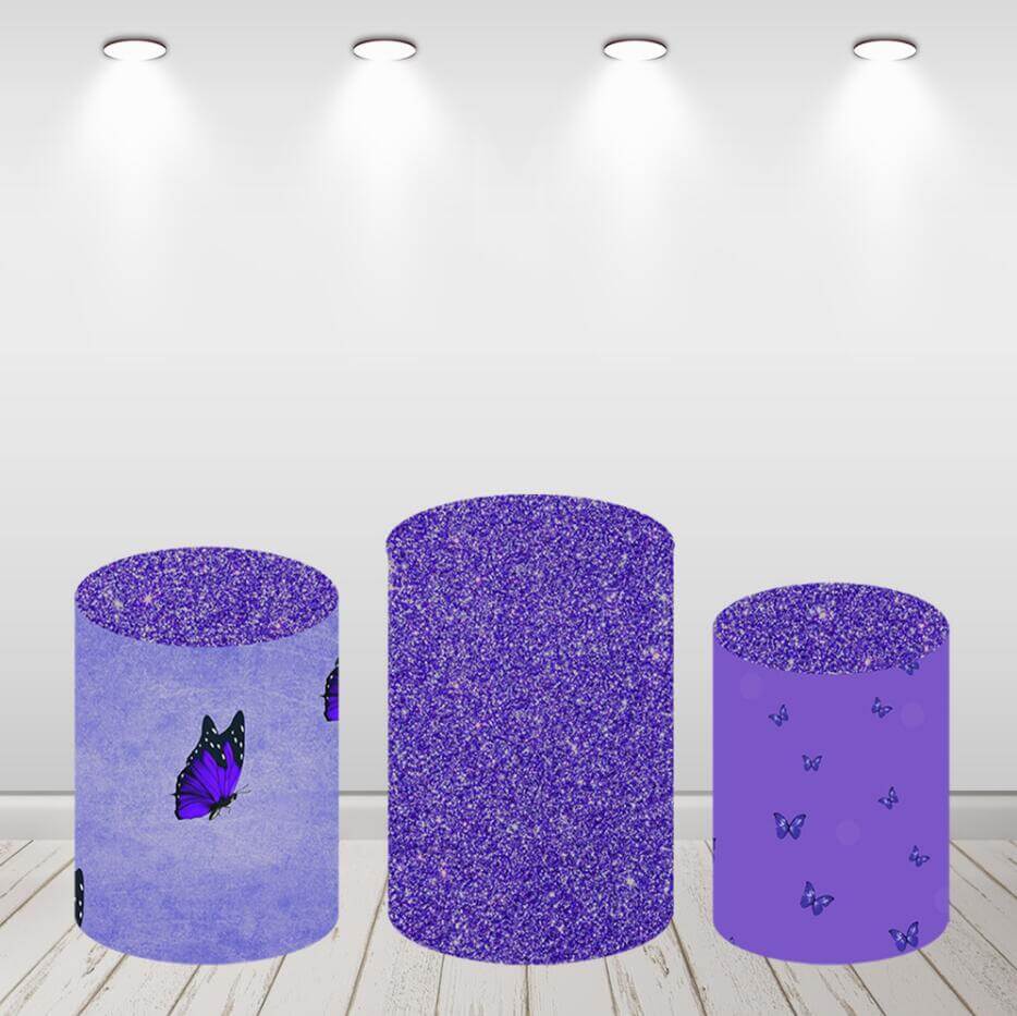 Couvertures rondes de cylindre de toile de fond de mariage d'anniversaire de filles de papillon violet
