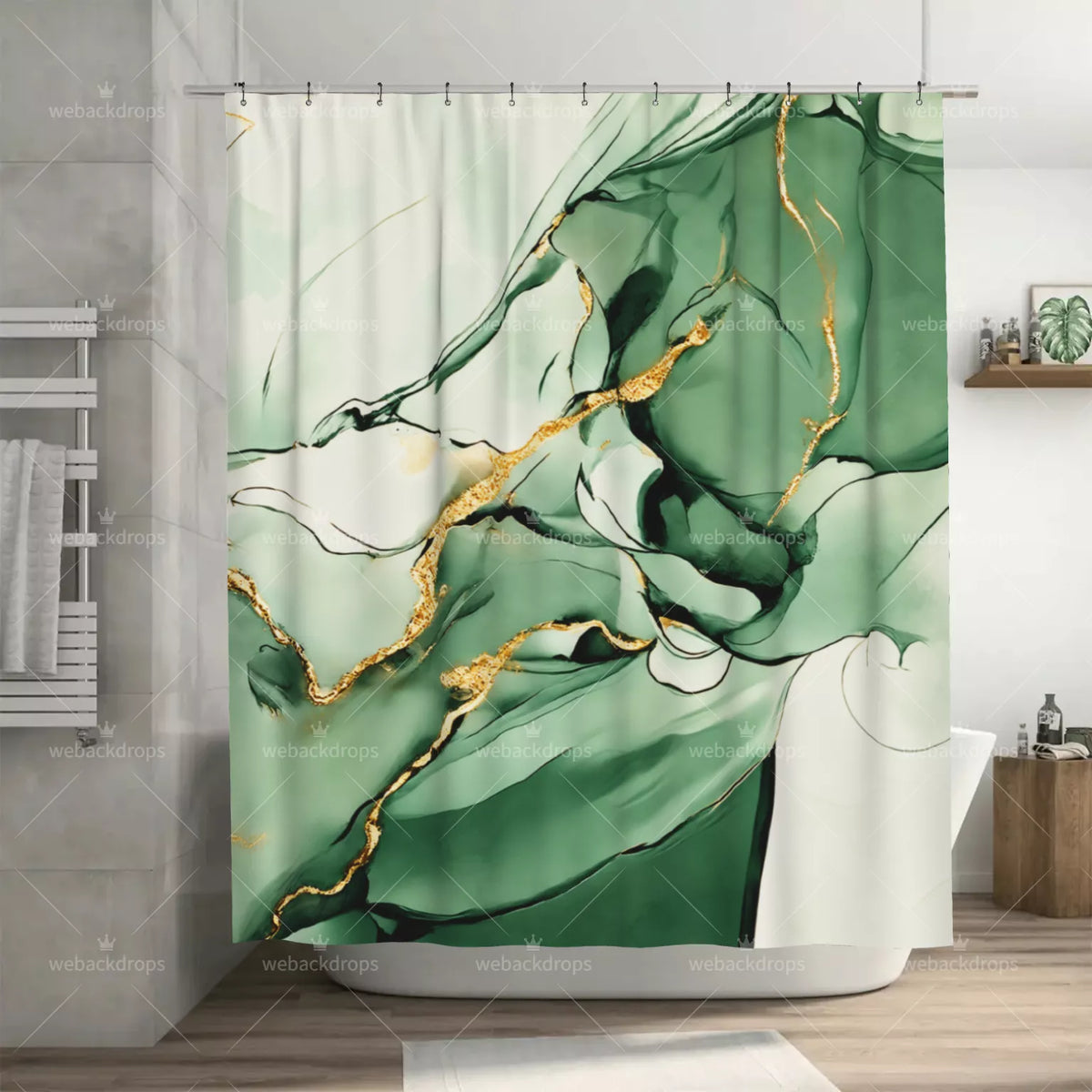 Emerald Green and Gold Marble Shower Curtain with Metal Roller Ball Hooks, 72 x 72 Inch