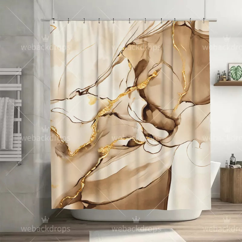 Champagne Beige and Gold Marble Shower Curtain with Metal Roller Ball Hooks, 72 x 72 Inch