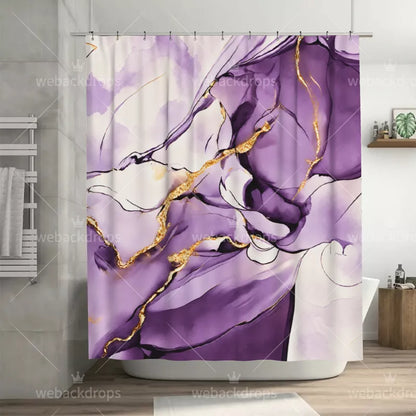 Amethyst Purple and Gold Marble Shower Curtain with Metal Roller Ball Hooks, 72 x 72 Inch