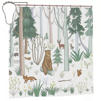 Woodland Friends Forest Animals Shower Curtain with Metal Roller Ball Hooks, 72 x 72 Inch