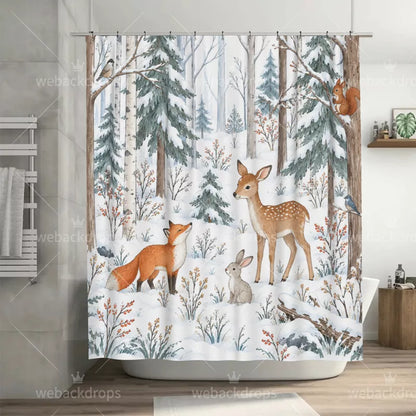 Snowy Deer Woodland Shower Curtain with Metal Roller Ball Hooks, 72 x 72 in