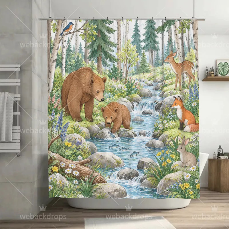 Summer Bear Creek Woodland Shower Curtain with Metal Roller Ball Hooks, 72 x 72 in