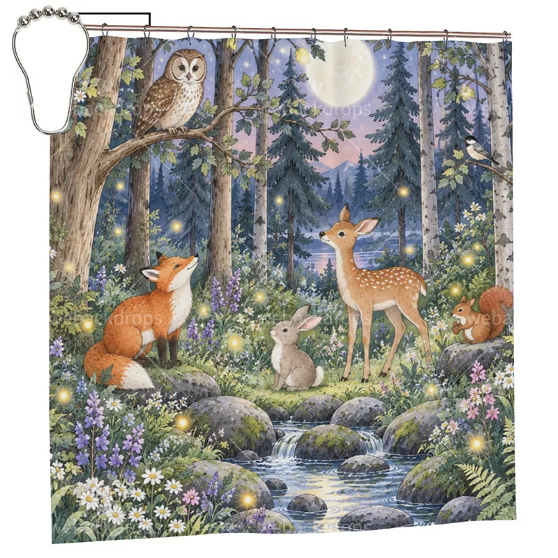 Twilight Owl Woodland Shower Curtain with Metal Roller Ball Hooks, 72 x 72 in
