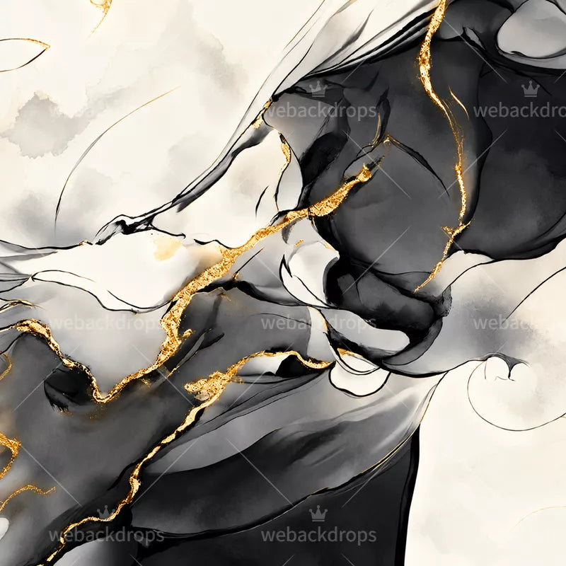 Black and Gold Marble Shower Curtain with Metal Roller Ball Hooks, 72 x 72 Inch