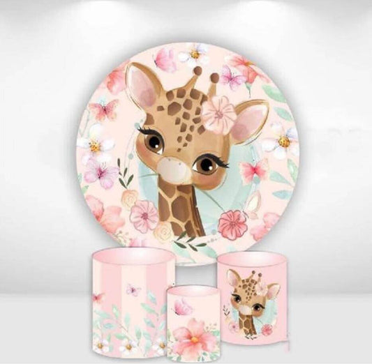 Giraffe Flowers Baby Shower Kids Birthday Round Backdrop Plinths Covers Party