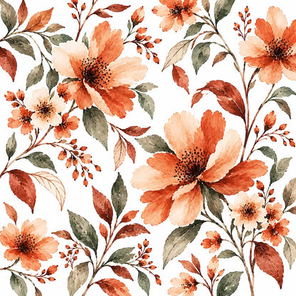 Terracotta Watercolor Floral Shower Curtain with Metal Roller Ball Hooks, 72 x 72 Inch
