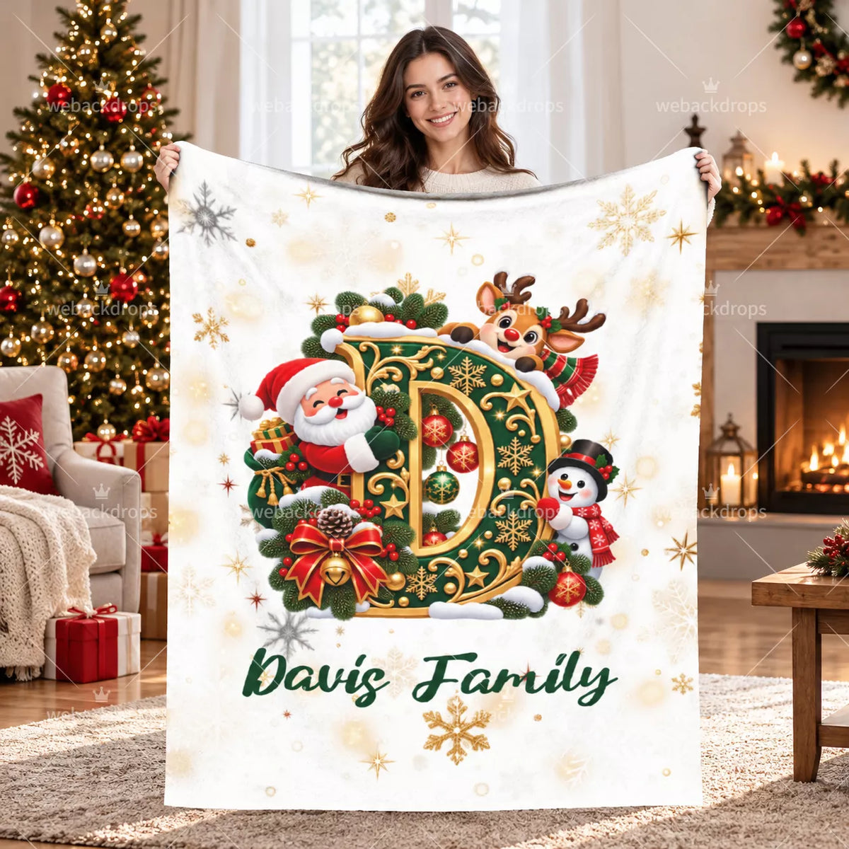 Personalized Letter D Christmas Monogram Family Blanket
