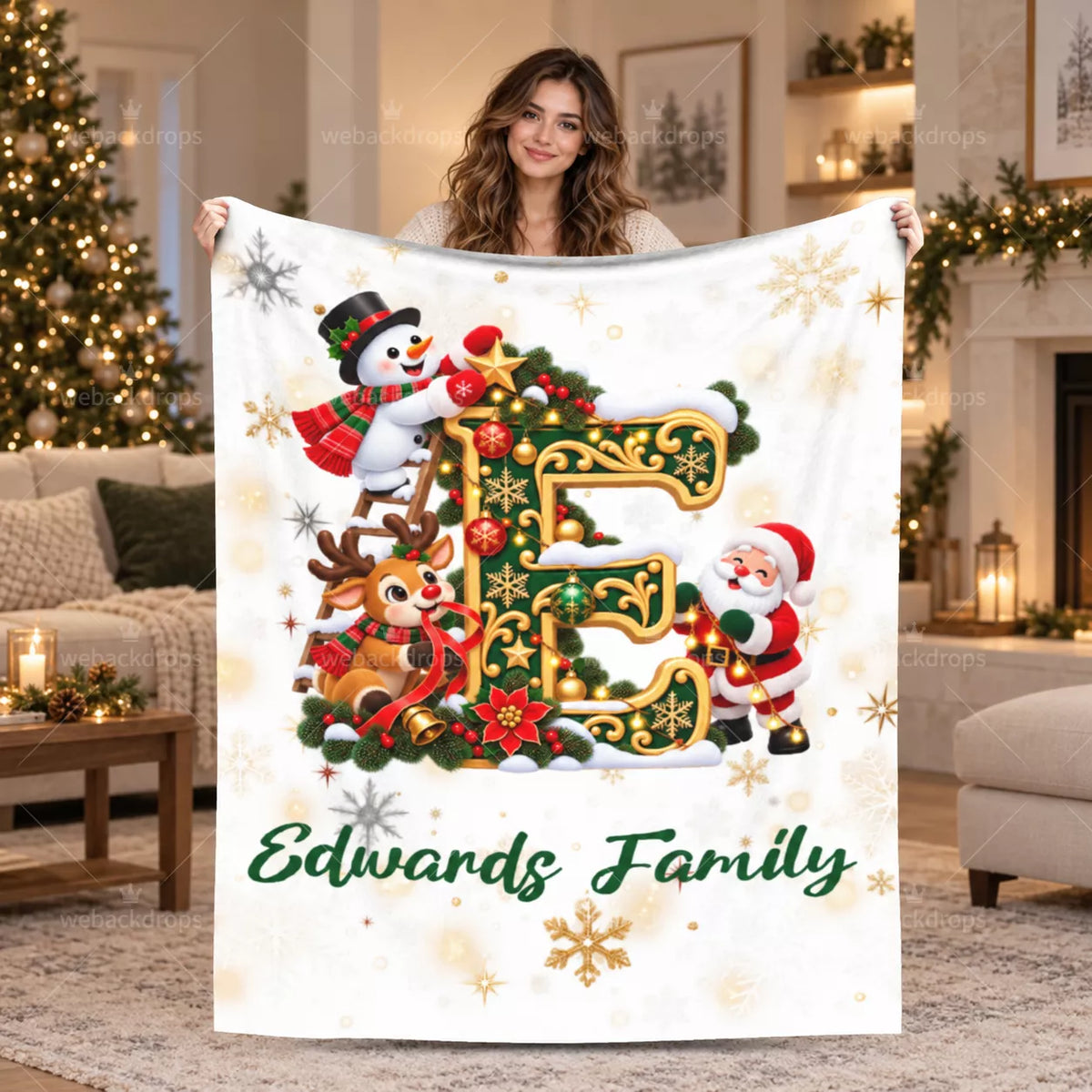 Personalized Letter E Christmas Monogram Family Blanket