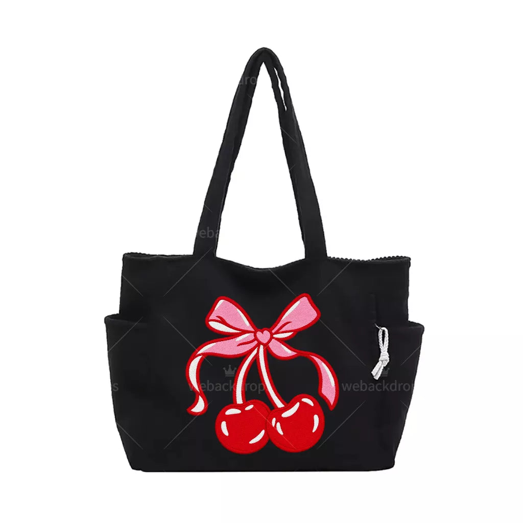 Custom Design Embroidered Corduroy Tote Bag with Side Pockets