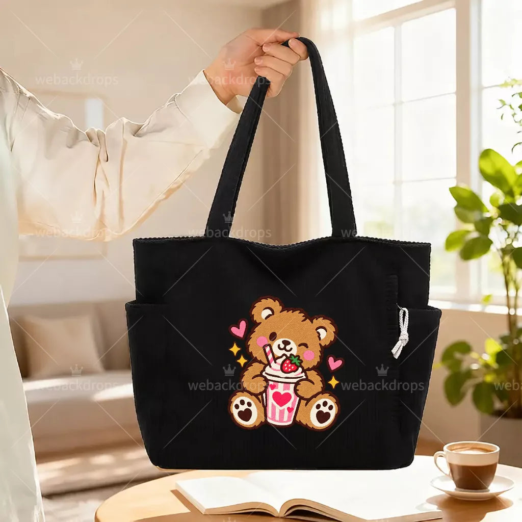 Cute Teddy Bear Strawberry Milkshake Embroidered Corduroy Tote Bag