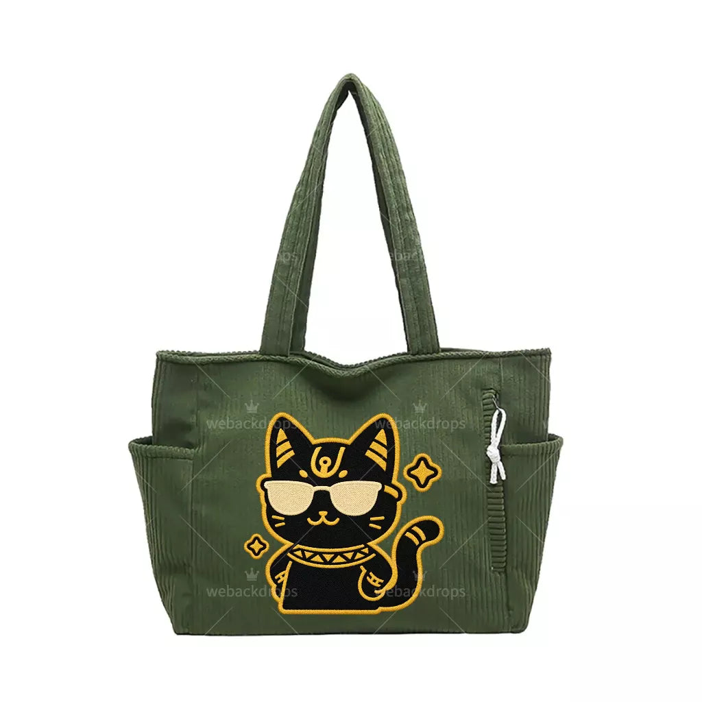 Cool Black Cat Embroidered Green Corduroy Tote Bag